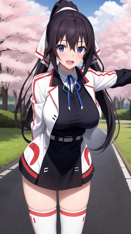 masterpiece, best quality, highres, aahouki, very long hair, black hair, high ponytail, split ponytail, hair ribbon, white ribbon, large breasts, , neck ribbon, white jacket, white dress, long sleeves, white thighhighs, arms behind back, standing, leaning forward, outdoors, cherry blossoms, smile, open mouth,