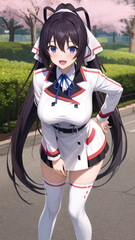 masterpiece, best quality, highres, aahouki, very long hair, black hair, high ponytail, split ponytail, hair ribbon, white ribbon, large breasts, , neck ribbon, white jacket, white dress, long sleeves, white thighhighs, arms behind back, standing, leaning forward, outdoors, cherry blossoms, smile, open mouth,