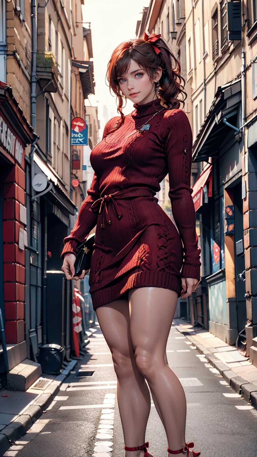 24-year-old female、Sexy proportions、Sexy、Long eyelashes、Narrow waist、Side Ponytail((side ponytail))、hair band((hair ribbon))、Red hair、Textured skin((textured skin))、Red knit dress((knit dress))、Exposed thighs、Stiletto heels、Clutch bags、Paris alley background in france、smile