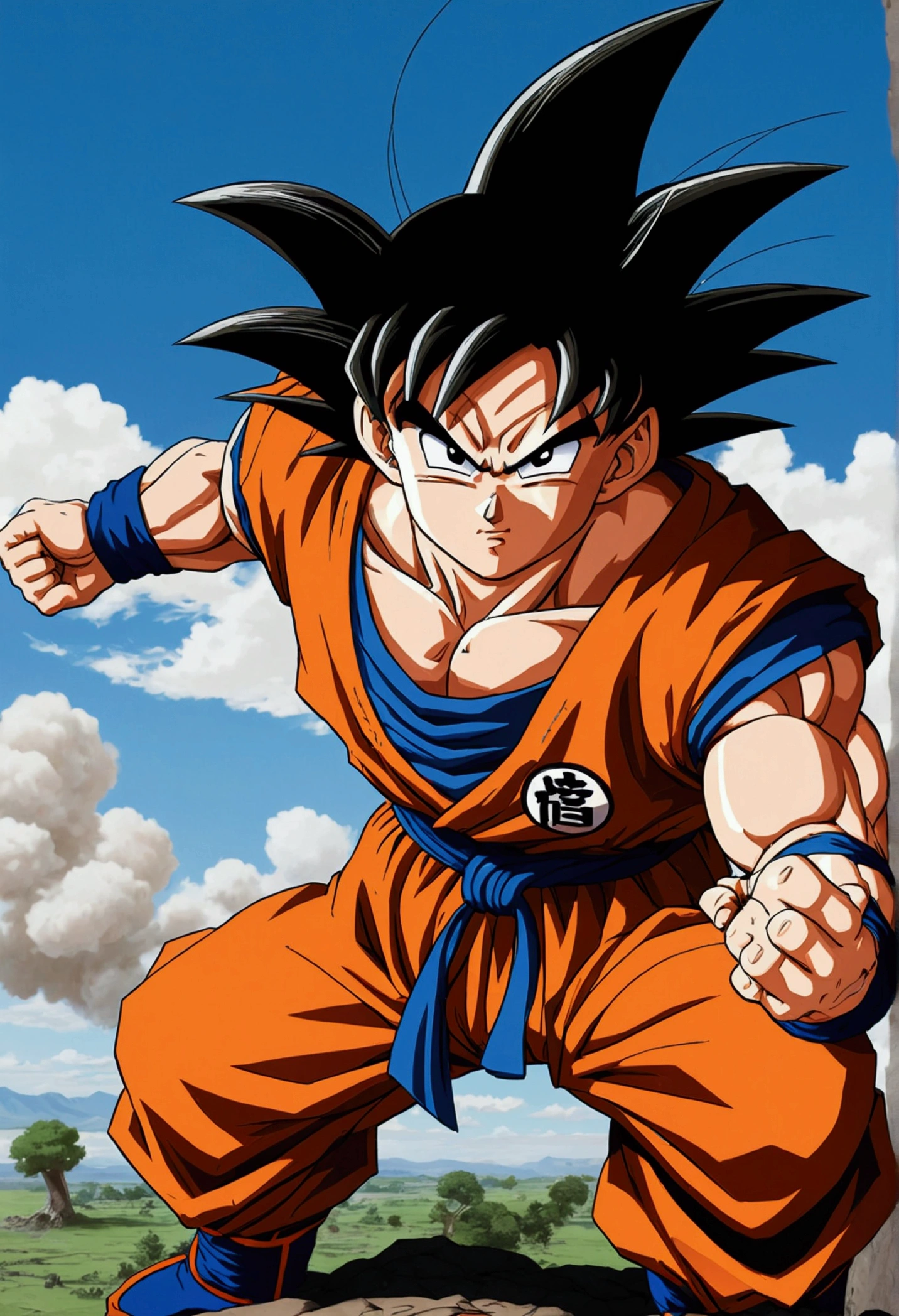 Goku in a frontal pose, on a battlefield, made by Akira Toriyama