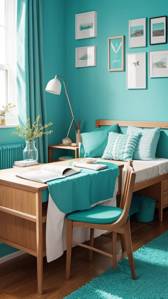 Create a very cheerful morning in a room where there is a hot cup of coffee, a book and a pen., in beautiful turquoise color