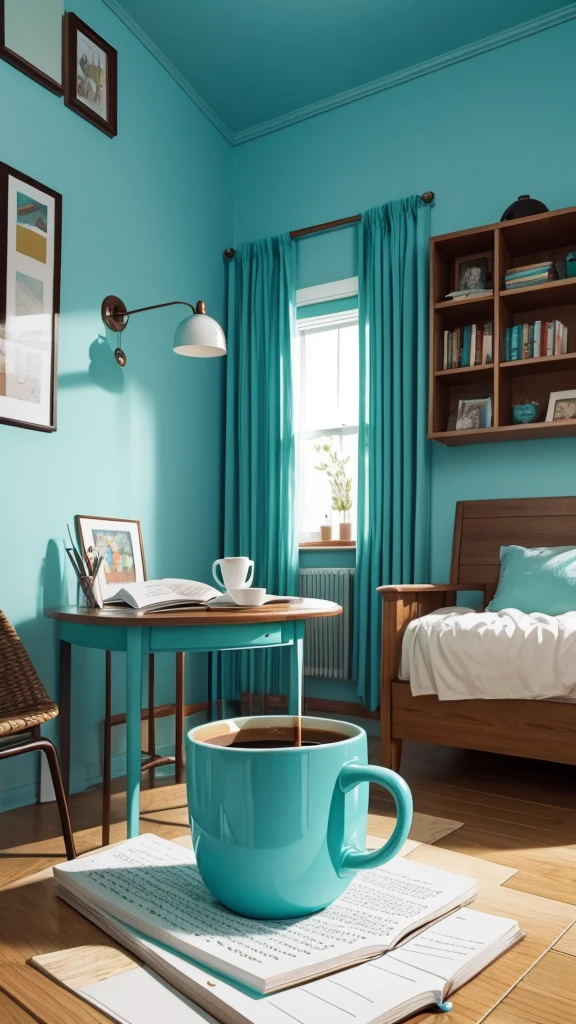 Create a very cheerful morning in a room where there is a hot cup of coffee, a book and a pen., in beautiful turquoise color 