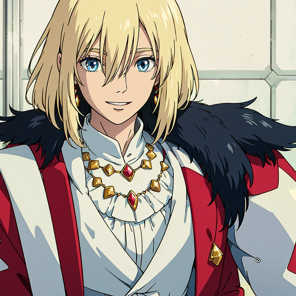 ghibli style, howl \(howl no ugoku shiro\), 1boy, bangs, blonde hair, blouse, blue eyes, coat, crystal earrings, earrings, hair between eyes, jewelry, long sleeves, looking at viewer, male focus, medium hair, necklace, parted lips, red coat, shirt, smile, solo, white background, white shirt , ((masterpiece))