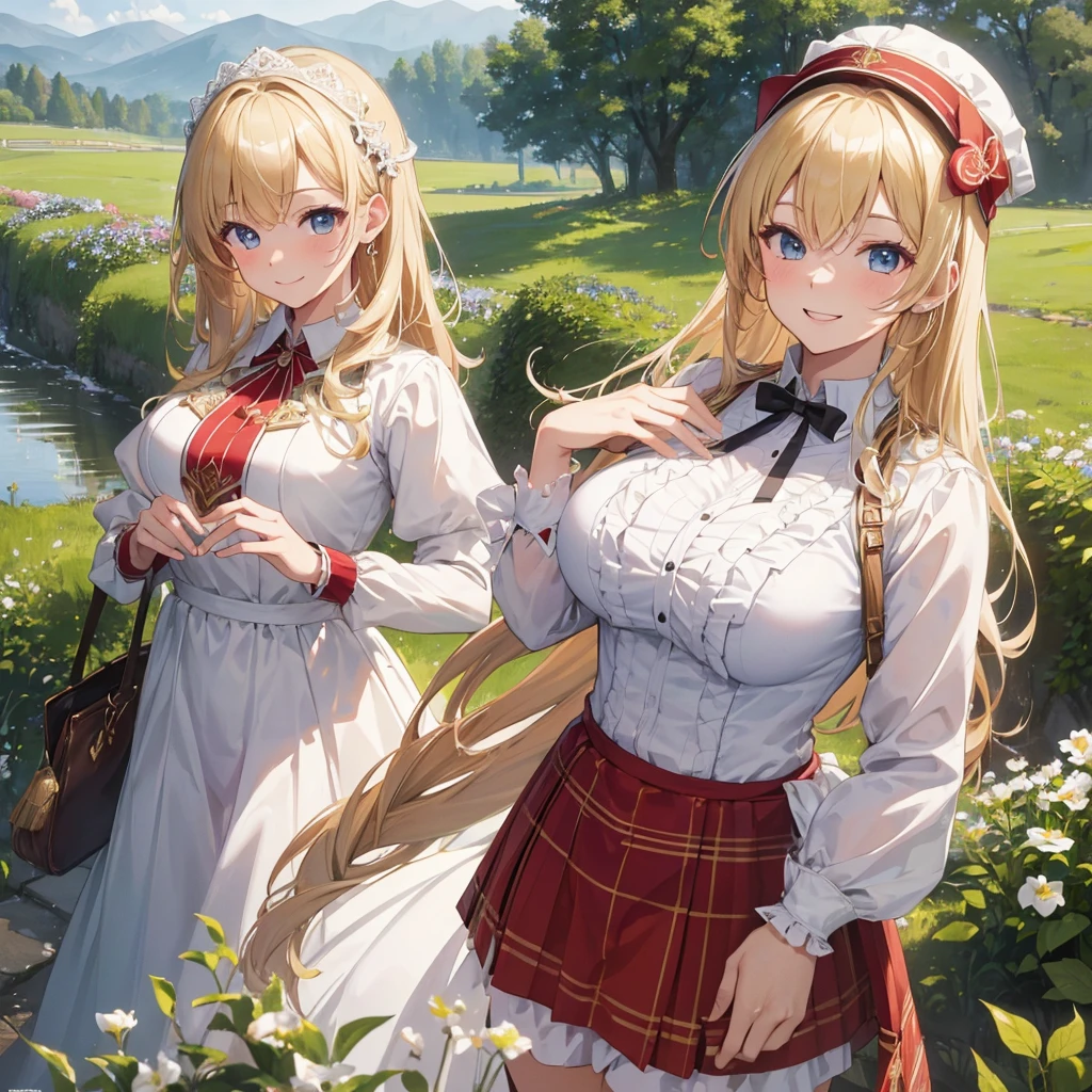 ((masterpiece)), ((Highest quality)), ((High resolution)), ((In detail))、Wearing the English national dress, the kilt、Anime style white woman、Blonde、smile、Happy expression、Daytime、Rural Scenery、cute、beautiful、Embarrassing cheeks、