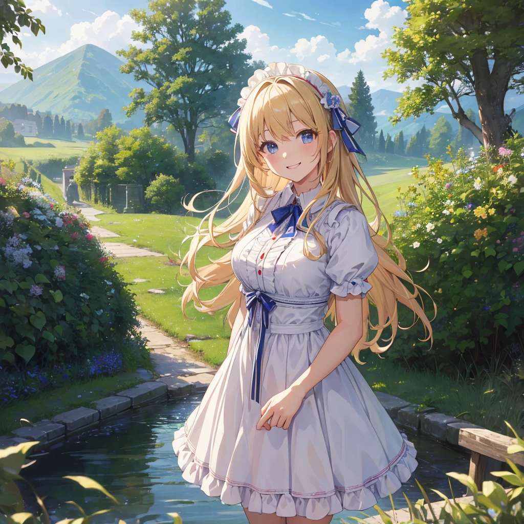 ((masterpiece)), ((Highest quality)), ((High resolution)), ((In detail))、Wearing the English national dress, the kilt、Anime style white woman、Blonde、smile、Happy expression、Daytime、Rural Scenery、cute、beautiful、Embarrassing cheeks、