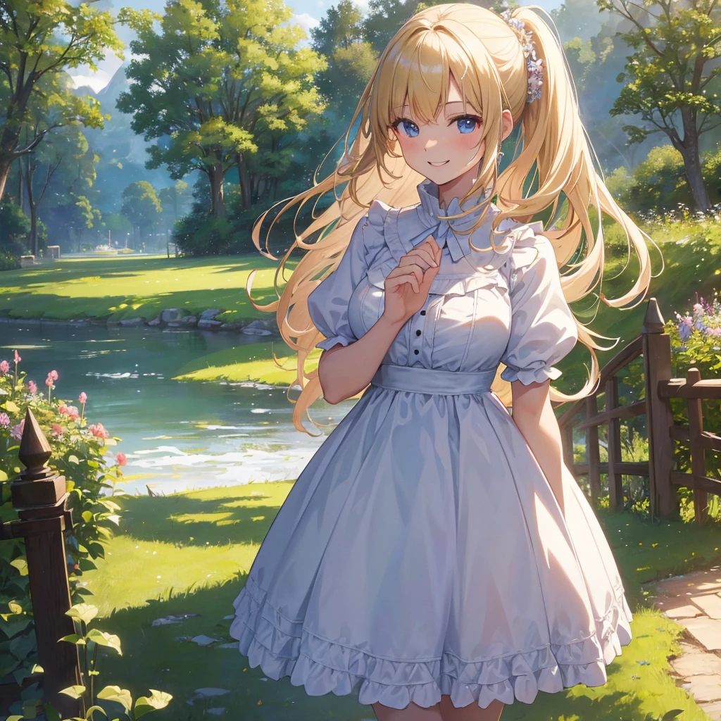 ((masterpiece)), ((Highest quality)), ((High resolution)), ((In detail))、Wearing the English national dress, the kilt、Anime style white woman、Blonde、smile、Happy expression、Daytime、Rural Scenery、cute、beautiful、Embarrassing cheeks、