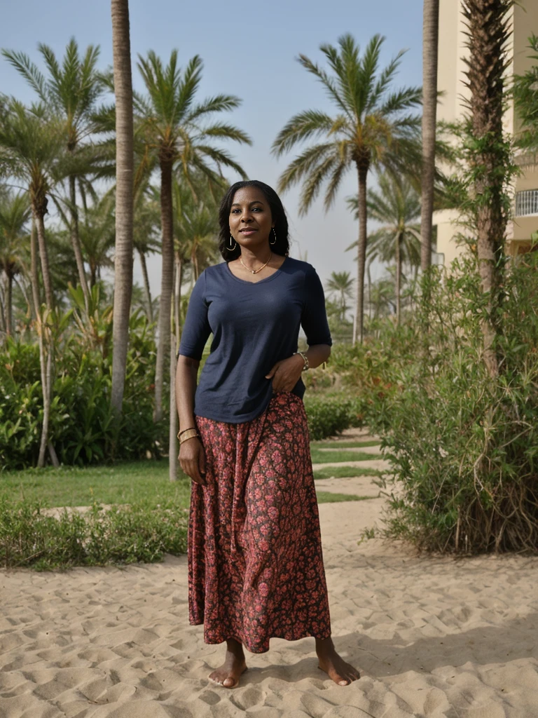 Zainab, 1girl, solo, ((Sudanese woman)), consistent face and body, ((MILF)), ((50 years old)), (mature), ((slim)), ((Sudanese face)), (Sudanese nose), (Sudanese lips), upper body and upper legs, (background: A beachfront destination in Dubai), BREAK, (wearing stylish Generation Z summer wear)