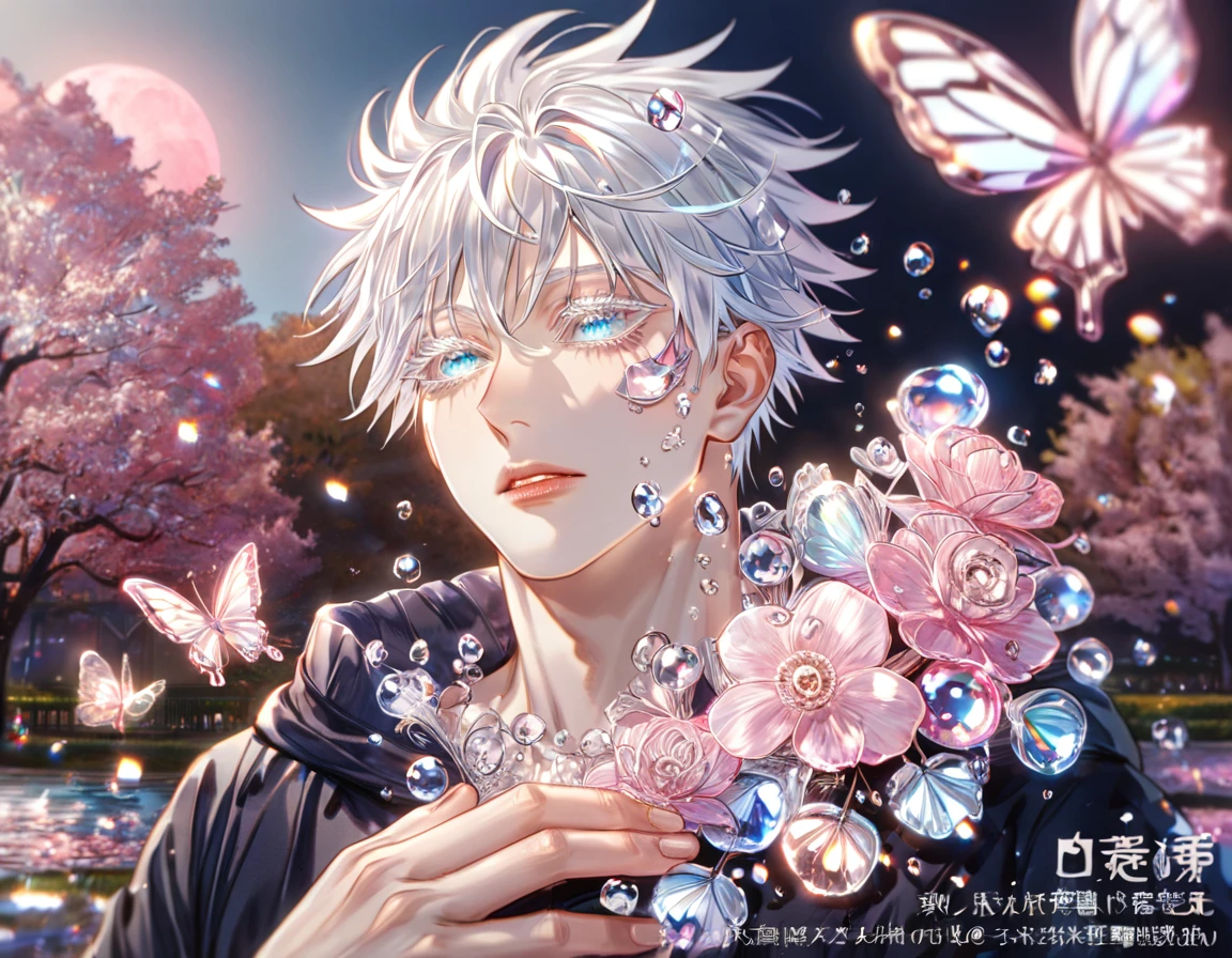 absurdres, highres, ultra detailed, HDR, master piece, best quality, extremely detailed face, delicated features, Gojou Satoru, white hair, expressive blue eyes, white eyelashes, Jujutsu Kaisen, solo, sexy man, handsome, black coat with fur, fantasy, magical, pink glass butterflies, pink glass flowers, water, pink glass blossoms, pink glass moon, park