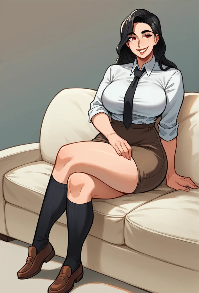 best quality, super fine, 16k, incredibly absurdres, extremely detailed, 2.5D, delicate and dynamic, a beautiful woman of 40 years, milf, mature woman, slight smile. Black hair, Long hair, red eyes, downturned eye shape, black eyebrows, strong eyebrows. High cheekbones, strong chin. Freckles. breasts, voluptuous, broad hips. Wearing a white scolar shirt, Black tie, black tweed skirt, Black long socks, brown shoes. (sitting on a white sofa)
