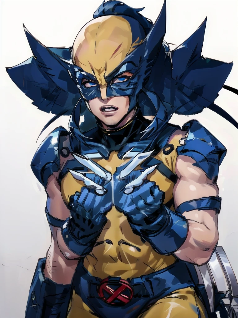 best quality, 16k, extremely detailed, delicate and dynamic, Logan Howlett, Wolverine, yellow bodysuit, blue gloves, (((Unmasked))), (masterpiece), best quality, expressive eyes, (white background:1.5),(((simple background)),  perfect face,  (perfect fingers), detailed eyes, detailed face, ,tshirt design logo,