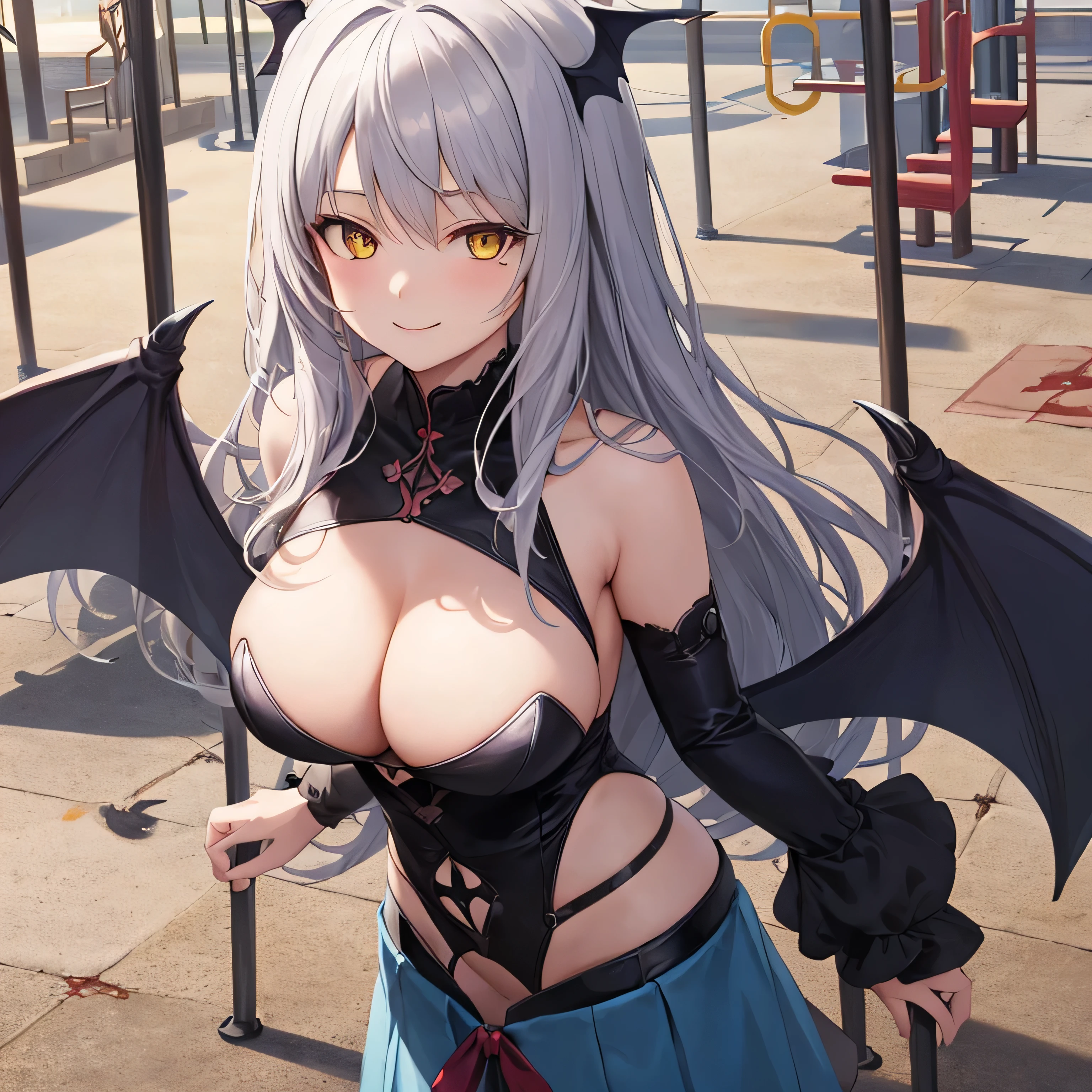 1girl, bare shoulders, bat wings, blood, breasts, cleavage, clothing cutout, demon girl, head wings, large breasts, leotard, long hair, long sleeves, looking at viewer, mole, silver hair, smile, solo, outdoors, playground, boy playing in background, yellow eyes, full body, blue skirt
