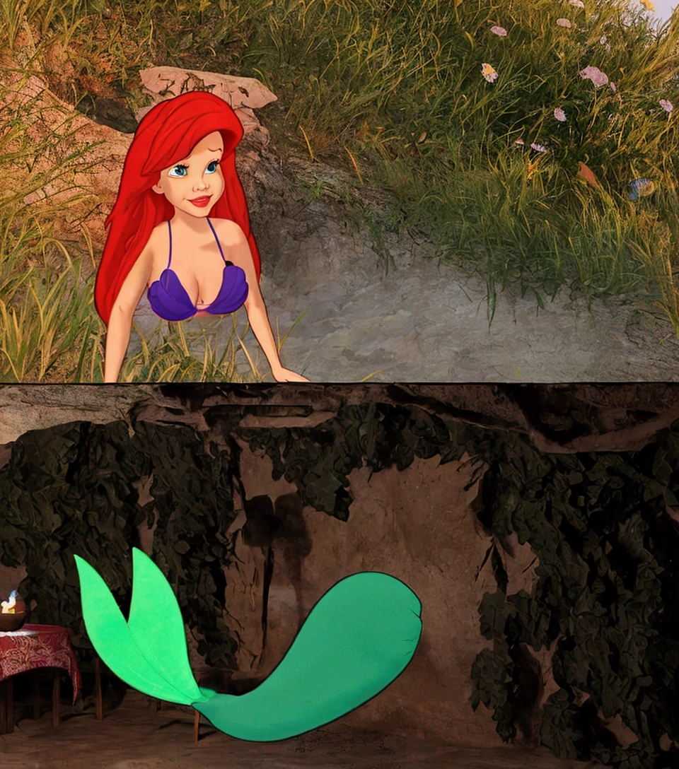 there is a cartoon mermaid sitting on a rock next to a table, ariel the little mermaid, in style of disney animation, seperated game asset, princess ariel, upscaled to high resolution, little mermaid, the little mermaid, art in the style of disney, little mermaid magical kingdom, disney 2d animation still, screenshot from the game, mermaid in distance