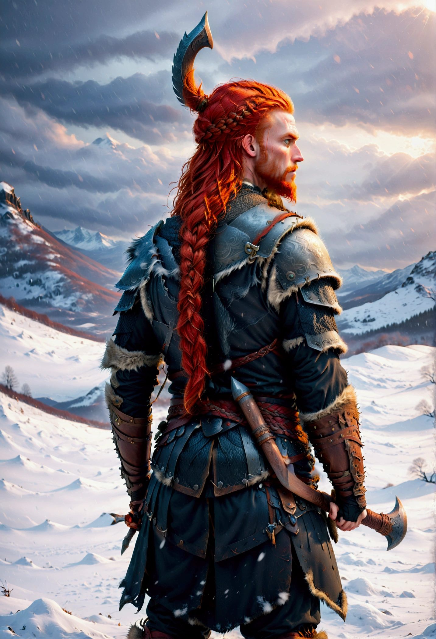 A digital illustration of a Viking warrior with red hair, standing in a snowy landscape. The warrior is viewed from the back, holding a large axe over their shoulder. Their hair is braided, and they wear dark, weathered armor. A round shield is strapped to their back, and a sword is sheathed at their side. Snow is gently falling around them, and the scene is illuminated by a cold, dim light from the horizon. Birds can be seen flying in the distance, adding to the sense of a bleak, wintry setting.