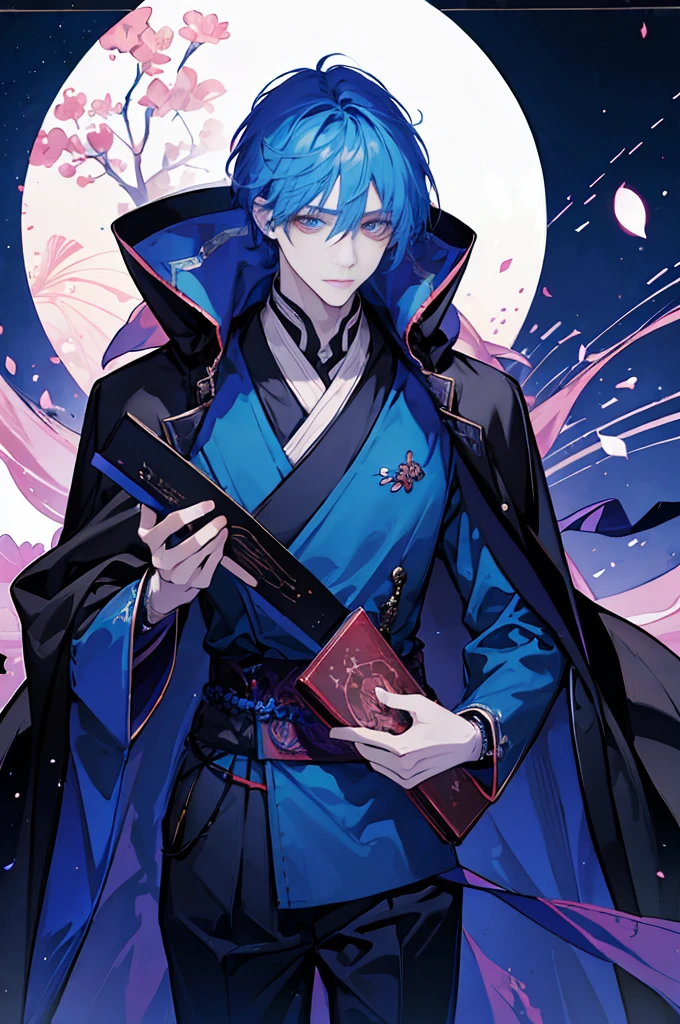 Sorcerer a pinkhightlightbluehair men, wearing a , fasion hair, fasion hair, slim body, hood, hakama, men, handsome face, tall 187cm, 21yearold, male, Secret, magicbook, red eyes, villianface