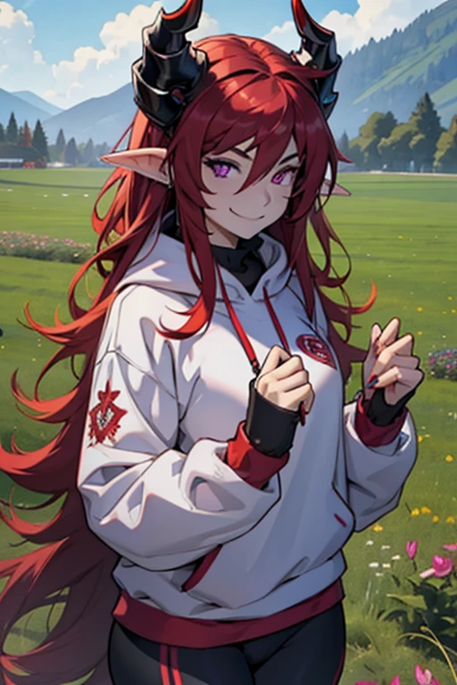 woman, long hair, red hair, on her head she has two horns, her body has more curves, violet eyes, she is smiling, wears a sweatshirt, black sweatshirt, wears leggings, wears two rings in your hand, the scene is in a field