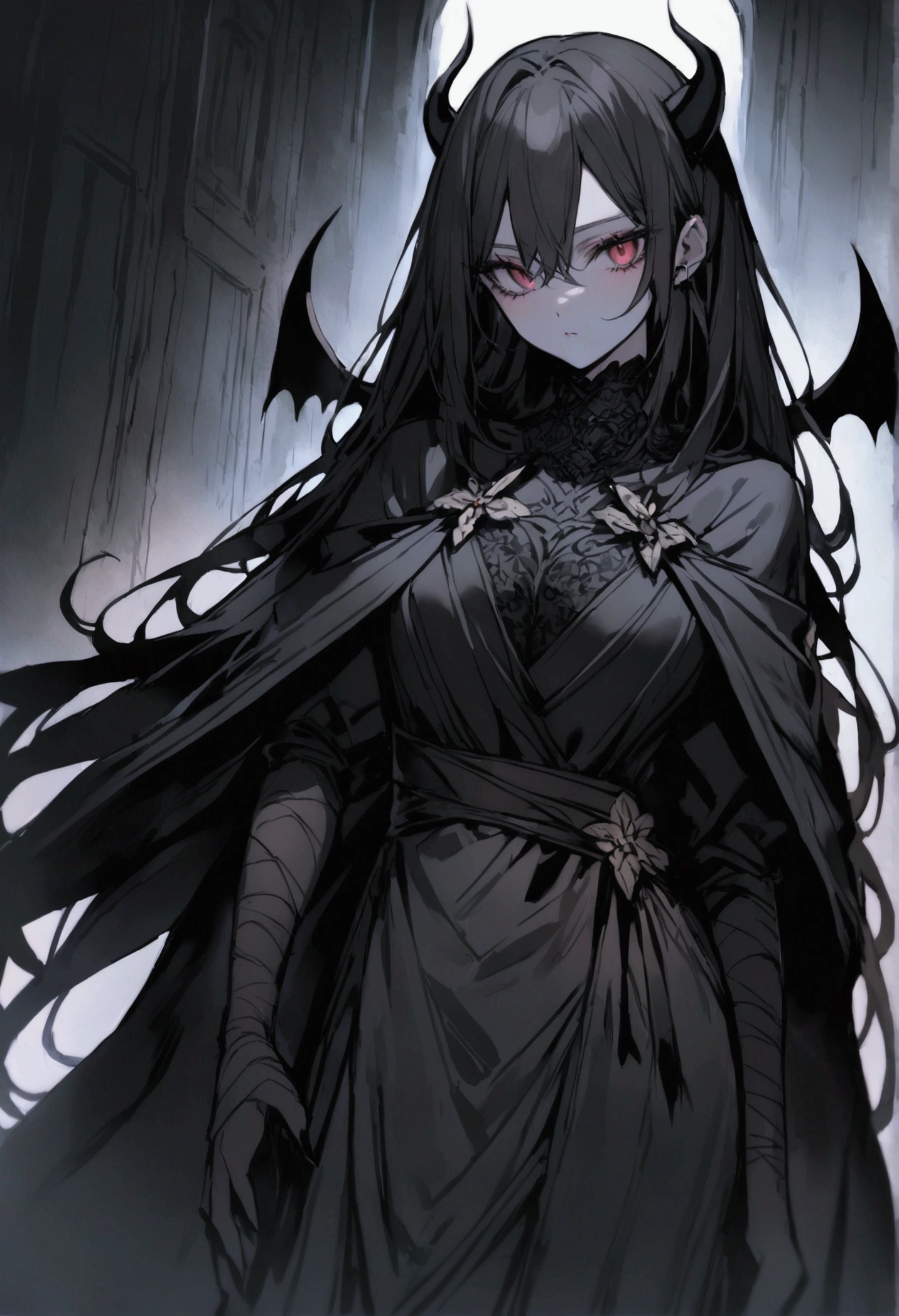 a female demon wrapped in a black cloak of darkness