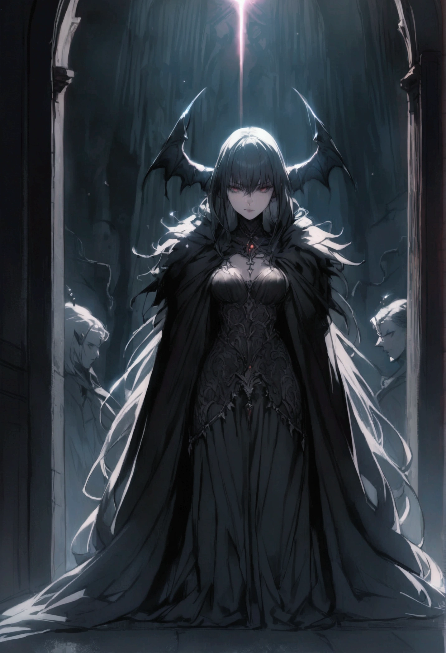 a female demon wrapped in a black cloak of darkness 