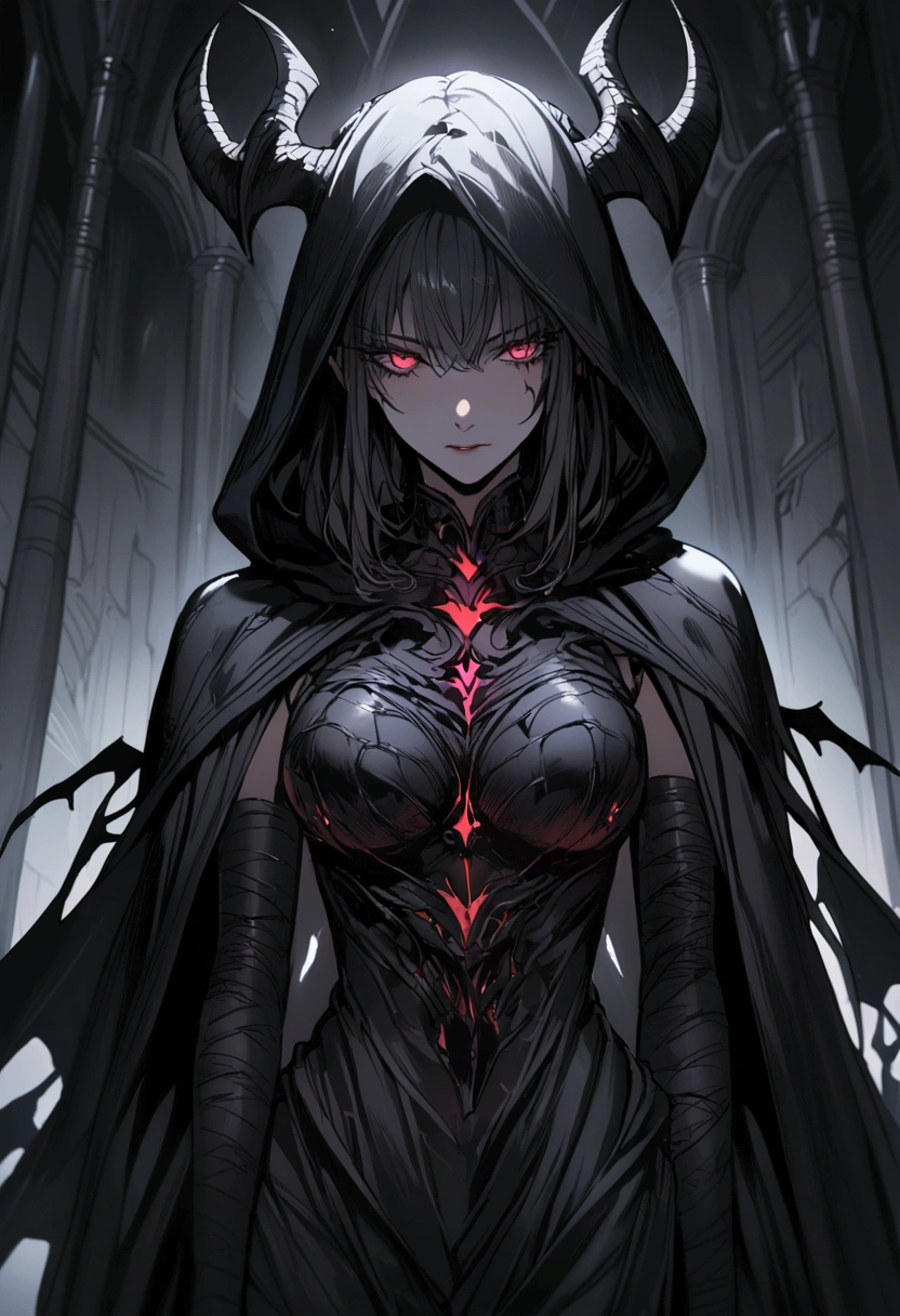 Masterpiece, 4k, high quality, 1 girl, black hair, glowing white eyes,short hair , red horns, angry raging expression,blue and black military outfit, white fullmetal alchemist gloves, akimbo shotgun , glowing blue eyes , in the forest, in front of the gates of hell , bleeding neck , hole in chest dripping blood, tore garment, blue patterned headband on top of her head, with a mystical forest scenery , steam evaporating from her body, cosmic owl familiar on her shoulder