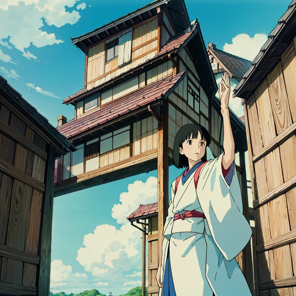 ghibli style, howl \(Howl no Ugoku Shiro\), Japanese rural houses, Real anime costume design, Spirited Away, Stretch. detailed, colorful, blue sky.
