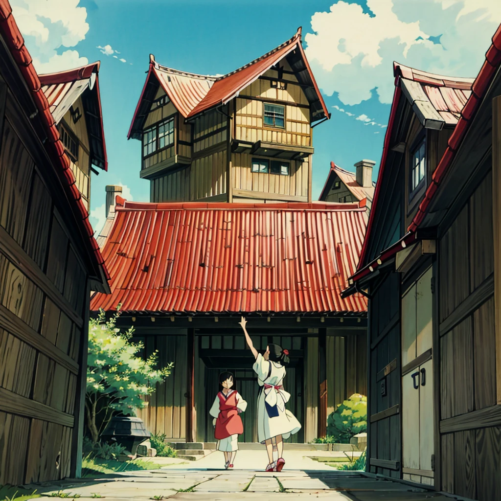 ghibli style, howl \(Howl no Ugoku Shiro\), Japanese rural houses, Real anime costume design, Spirited Away, Stretch. detailed, colorful, blue sky.