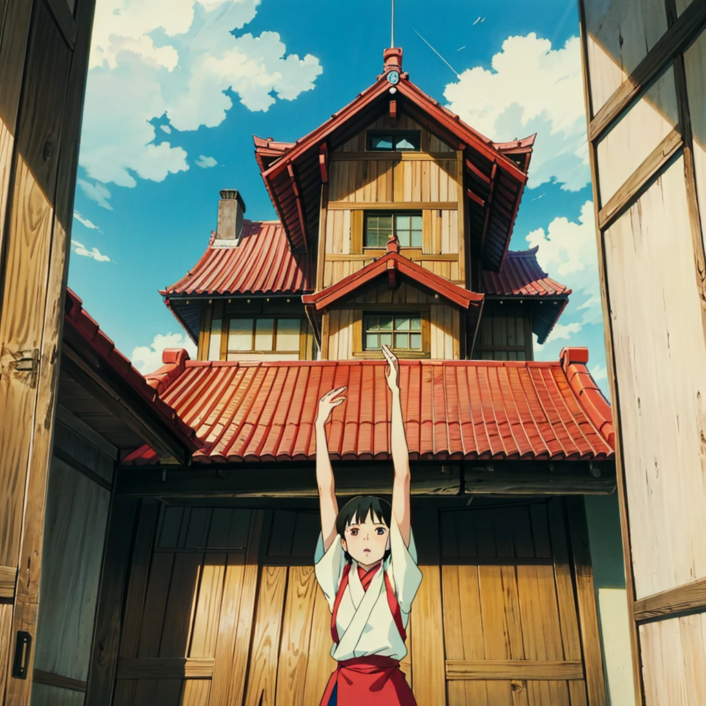 ghibli style, howl \(Howl no Ugoku Shiro\), Japanese rural houses, Real anime costume design, Spirited Away, Stretch. detailed, colorful, blue sky.