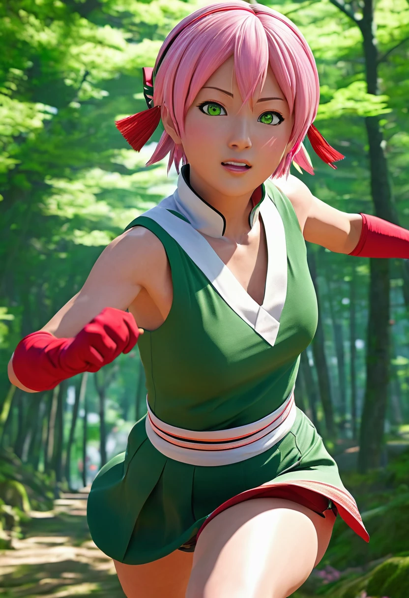 Sakura Haruno dressed in her traditional outfit, detailed facial features, expressive eyes and lips, strong and confident expression, short pink hair, wearing her red and white sleeveless dress with a high collar, dark shorts, and green gloves, Konoha headband worn as a forehead protector, dynamic action pose, running in a forest, leaping across tree branches, performing a powerful punch or chakra-enhanced attack, energetic atmosphere, comic book style, cell shading effect, vibrant colors, contrasting red and green tones, dramatic lighting (best quality, highres), emphasis on shadows and highlights, crisp details and textures, HD rendering, perfectly rendered muscles and clothing, meticulously drawn facial expressions, particular attention to her vivid green eyes, conveying strength and determination.