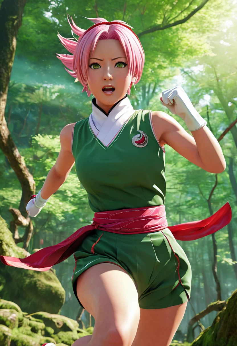 Sakura Haruno dressed in her traditional outfit, detailed facial features, expressive eyes and lips, strong and confident expression, short pink hair, wearing her red and white sleeveless dress with a high collar, dark shorts, and green gloves, Konoha headband worn as a forehead protector, dynamic action pose, running in a forest, leaping across tree branches, performing a powerful punch or chakra-enhanced attack, energetic atmosphere, comic book style, cell shading effect, vibrant colors, contrasting red and green tones, dramatic lighting (best quality, highres), emphasis on shadows and highlights, crisp details and textures, HD rendering, perfectly rendered muscles and clothing, meticulously drawn facial expressions, particular attention to her vivid green eyes, conveying strength and determination.