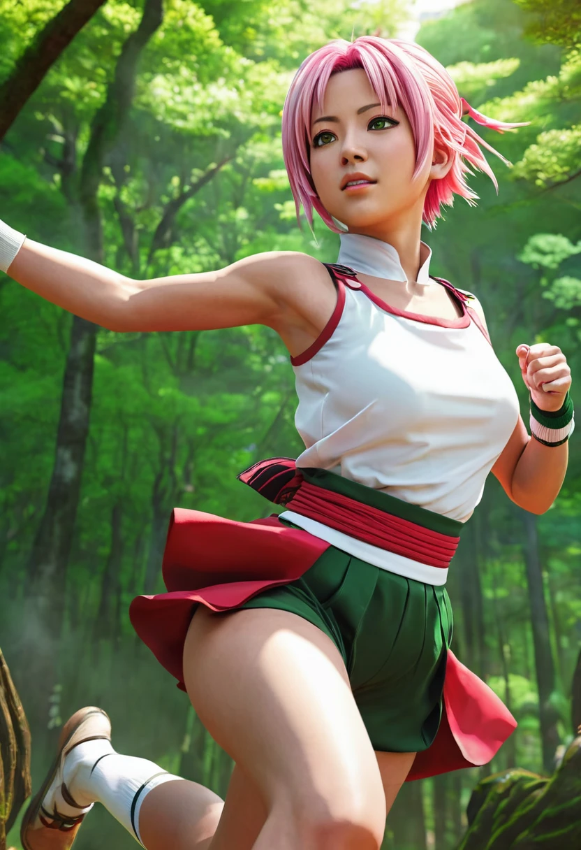 Sakura Haruno dressed in her traditional outfit, detailed facial features, expressive eyes and lips, strong and confident expression, short pink hair, wearing her red and white sleeveless dress with a high collar, dark shorts, and green gloves, Konoha headband worn as a forehead protector, dynamic action pose, running in a forest, leaping across tree branches, performing a powerful punch or chakra-enhanced attack, energetic atmosphere, comic book style, cell shading effect, vibrant colors, contrasting red and green tones, dramatic lighting (best quality, highres), emphasis on shadows and highlights, crisp details and textures, HD rendering, perfectly rendered muscles and clothing, meticulously drawn facial expressions, particular attention to her vivid green eyes, conveying strength and determination.