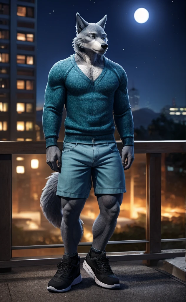 Lex has grey fur with white laccented by teal fur covering his back and the top of his head, with blue hair, He has gray fur on the bridge of his black nose, he wears a blue sweater, a pair of slim dark gray chinos, and nike shoes, jeans shorts. anthro wolf, male, adult, muscles, blue fur, buffed body, tail, sexy, beefy body, furred body, furry chest hair, realistic, full body, photorealistic, ultra realistic, 8k, night, bare-chested