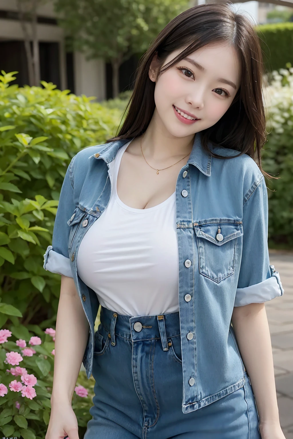 Tabletop, Highest quality, Realistic, In detail, High resolution, 8k wallpaper, Perfect dynamic composition, Beautiful attention to detail, Medium Hair, Big ample breasts, cleavage, (Breast bulge:1.4),  23 years old, (Droopy eyes), Adult Beauty, Japanese, 
 (cute white tight t-shirt, one point),  (denim), Carrying a cute backpack,
Laughter, (garden, ), (Random pose, cute), Walking,