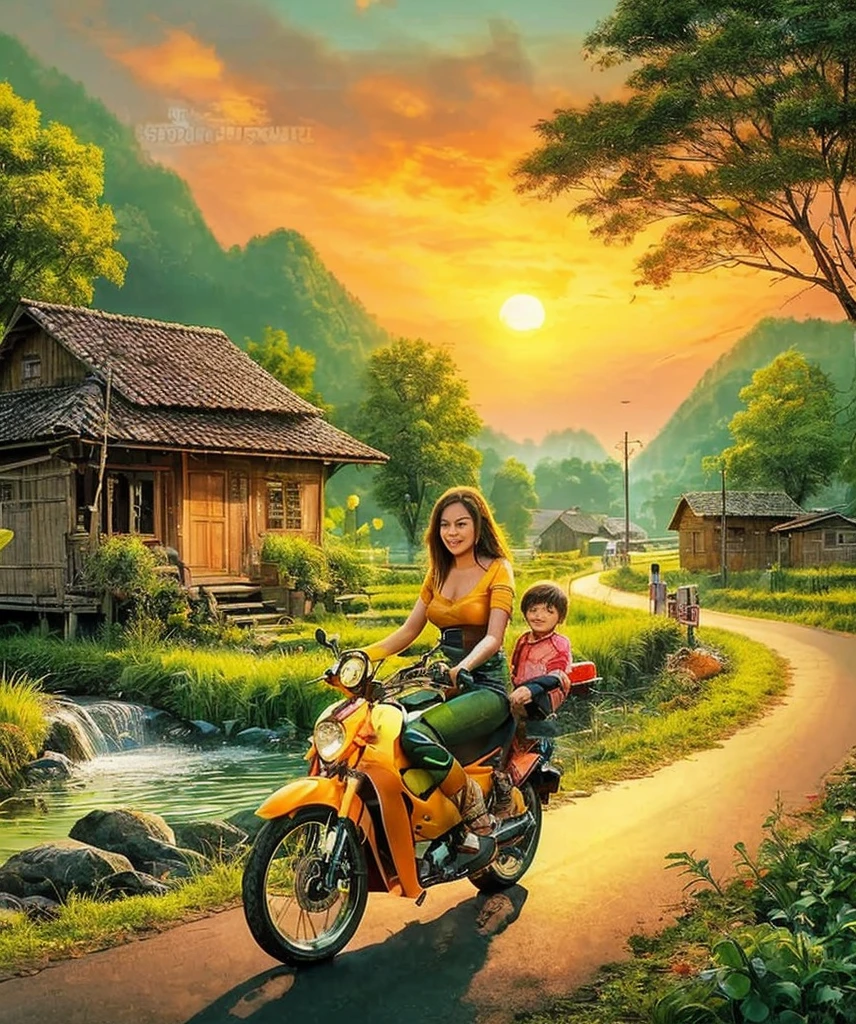 woman riding a motorcycle with her son in the village sunset