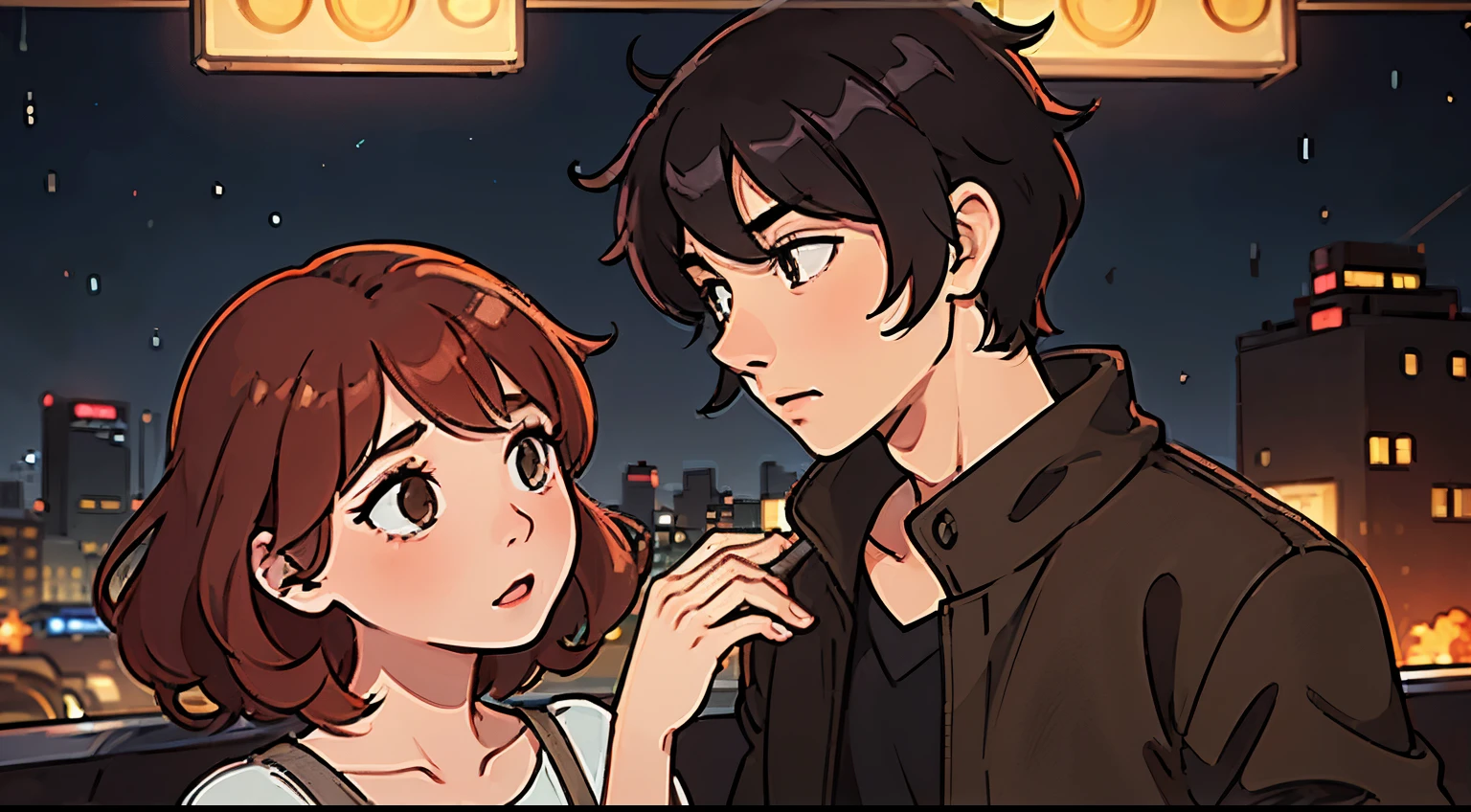 man (man: short black hair, Brown eyes) and woman (women: curly red hair, Brown eyes) staring at each other、lovers、The background is the city at night.、bokeh