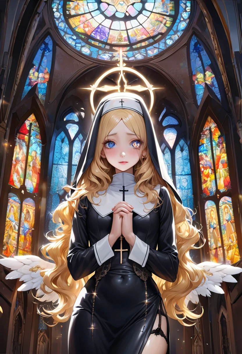 master piece, ultra detailed, hyper realistic, 24yo, angel, female, nun, detailed face, detailed eyes, droopy eyes, sparkling eyes, with cross-shaped pupils, intricate iris pattern, intense gaze, Mystical expressions, celestial nose, lip gloss, shy smile, embarrassed, (angel halo:1.4), wavy hair, (shiny hair:1.4), yellow hair, pale skin, nun habit, long black dress, white collar, rosary, veil, bra, pansies, garter belt, stockings, own hands together, praying, Tight Clothing, side slit, inside church, stained glass, lifelike photograph, from front, full body shot, looking at viewer, sunny, dapple sunlight, beautiful lighting, holy light,