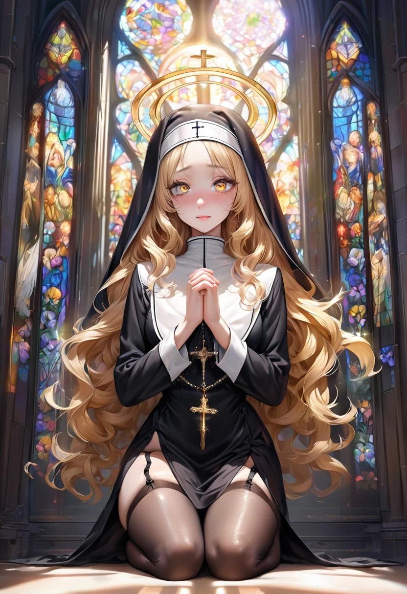 master piece, ultra detailed, hyper realistic, 24yo, angel, female, nun, detailed face, detailed eyes, droopy eyes, sparkling eyes, with cross-shaped pupils, intricate iris pattern, intense gaze, Mystical expressions, celestial nose, lip gloss, shy smile, embarrassed, (angel halo:1.4), wavy hair, (shiny hair:1.4), yellow hair, pale skin, nun habit, long black dress, white collar, rosary, veil, bra, pansies, garter belt, stockings, own hands together, praying, Tight Clothing, side slit, inside church, stained glass, lifelike photograph, from front, full body shot, looking at viewer, sunny, dapple sunlight, beautiful lighting, holy light,