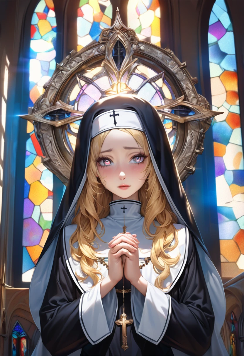 master piece, ultra detailed, hyper realistic, 24yo, angel, female, nun, detailed face, detailed eyes, droopy eyes, sparkling eyes, with cross-shaped pupils, intricate iris pattern, intense gaze, Mystical expressions, celestial nose, lip gloss, shy smile, embarrassed, (angel halo:1.4), wavy hair, (shiny hair:1.4), yellow hair, pale skin, nun habit, long black dress, white collar, rosary, veil, bra, pansies, garter belt, stockings, own hands together, praying, Tight Clothing, side slit, inside church, stained glass, lifelike photograph, from front, full body shot, looking at viewer, sunny, dapple sunlight, beautiful lighting, holy light,