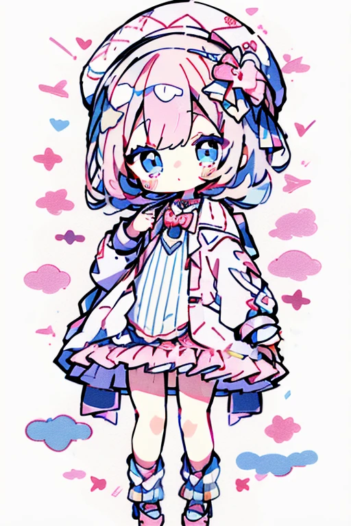 Pink hat、Pink and light blue eyes、Beret with ribbon、short hair、Pink Cape、White and pink dress、Knee socks