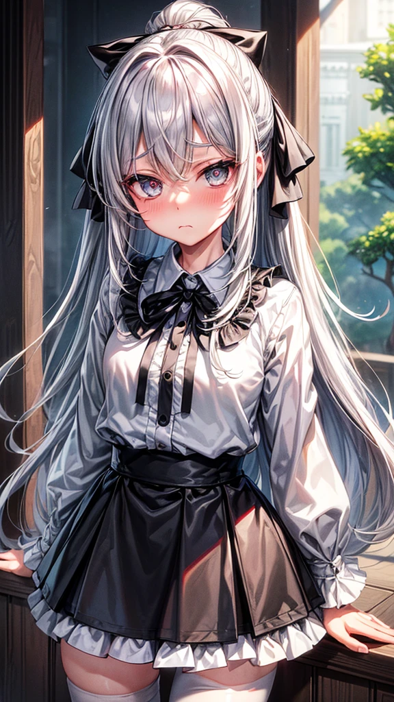 (masterpiece)、(Highest quality)、Glossy skin、8k、Grey Hair、Grey Eyes、(White collared T-shirt)、Long Hair、Black ribbon、Hair clip、Hair between the eyes、Pointed eye corners、(Black Skirt)、tights、Long sleeve、Are standing、Hair Ribbon、hairpin、(blush)、Mouth closed、Frowning、Tree Eyes、