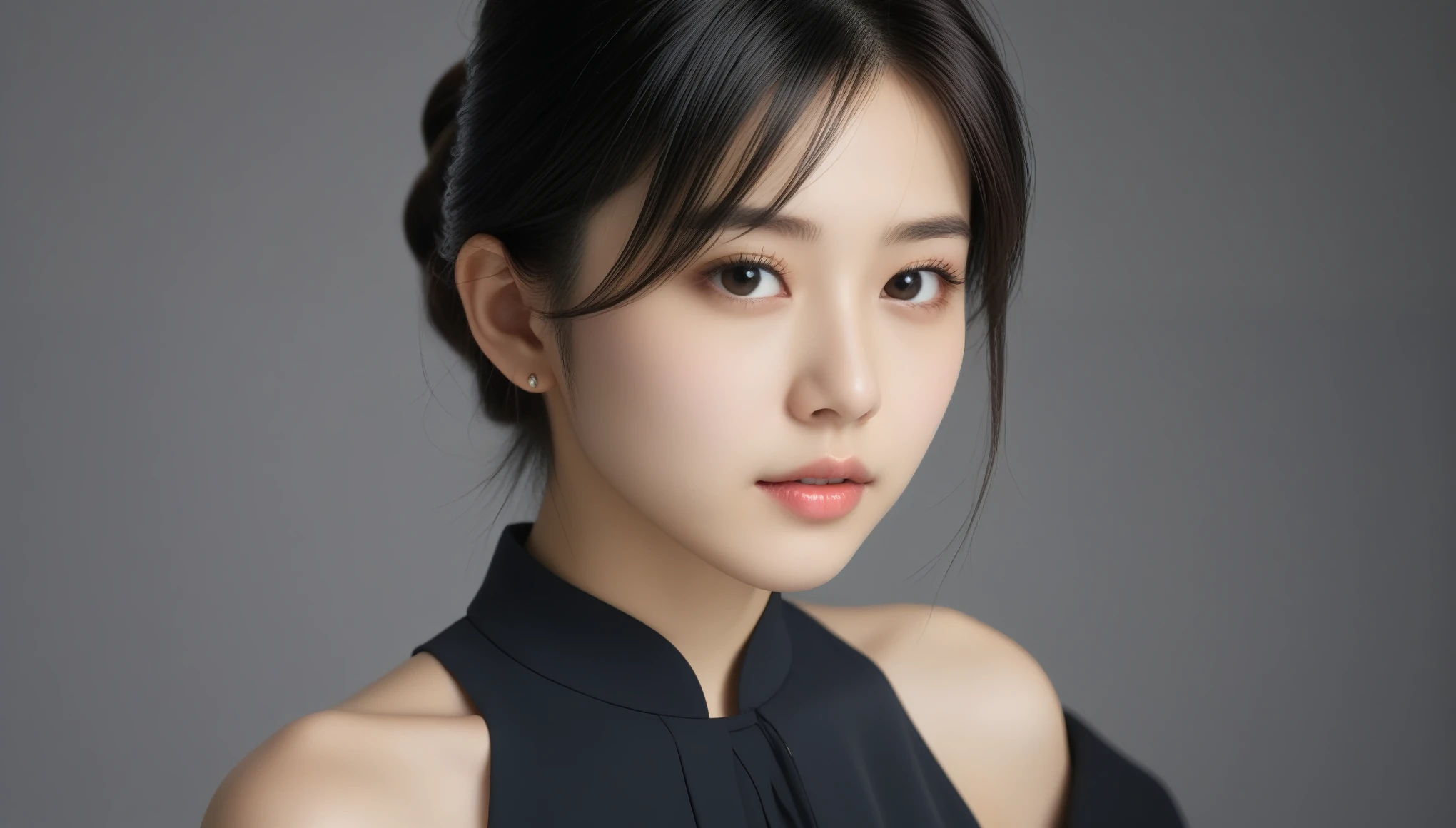 8k, Ultra-high resolution, Highest quality, masterpiece, 三分割法によるphotograph,Surreal, photograph, 1 Girl, (16 years old:1.3), pretty girl, Cute Face, Beautiful eyes in every detail, 細かくdetailedに,masterpiece,One Girl:1.2, Japan Female Announcer,extream close up,sad,streaming tears,Long black hair,Short Hair,Messy hair,(black suit:1.3),mourning clothes,(印象派の美しい少女のPortraiture), (Gray background:1.3),(Impressionist light and colour),Realistic Skin, Perfect and beautiful face ,完璧でCute Face, Skin with attention to detail, Perfect limbs、Narrow waist,Looking at the audience、beauty,Long neck,clavicle,(((Ideal body type))),A cup small breasts :2,Portraiture:2,Perfect Anatomy,鮮明なdetailed,detailed,Surreal,Light and shadow,spotlight