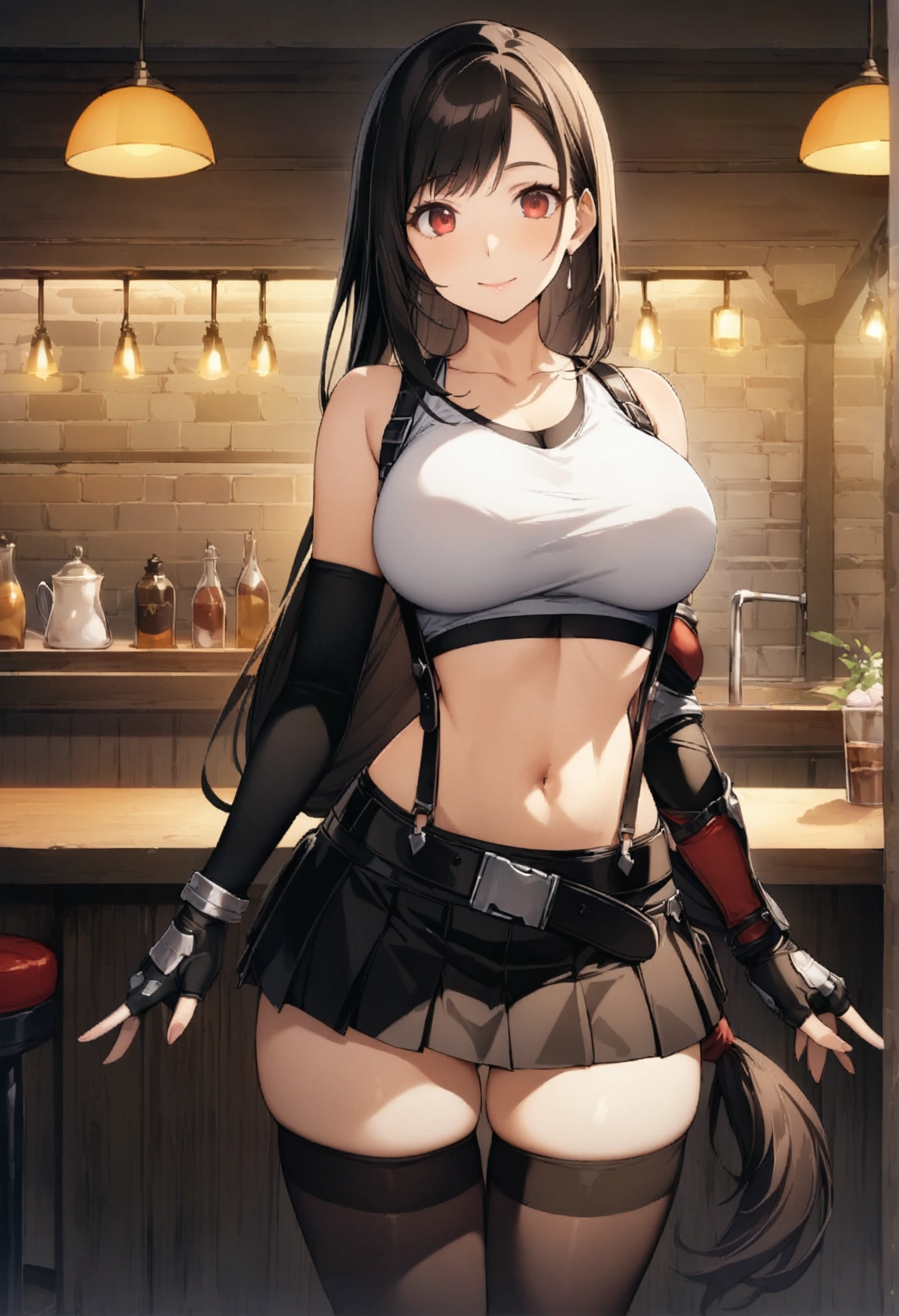 score_9, score_8_up, score_7_up,  (best quality), masterpiece,perfect anatomy,(aesthetic,very aesthetic),(official art,illustration,ultra-high resolution,8k), 1girl, tifa lockhart, final fantasy,(beautiful woman).tareme, black hair, low-tied long hair, red eyes, bangs, white tank top,gap, belt, pleated skirt, thighhighs, elbow fingerless gloves, elbow pads, midriff, navel,suspender skirt.zettai ryouiki ,straight-on,,(large_breasts),Solo,mediumshot,looking_at_viewer,,,,cafe and bar, ,Framin,(Composition),