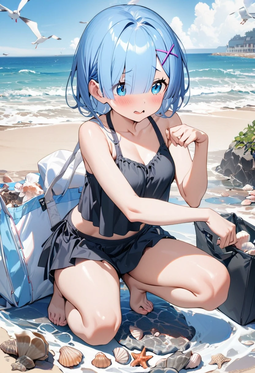 NSFW,masterpiece,Highest quality,High resolution,Super detailed,Sinon\(Sword Art Online\),High quality sexy black and white micro bikini,green cropped jacket,Short sleeve,Black shorts, hair ornaments, Hair Clip,Embarrassed,expectant face,smile,blush,Fantasy,beach,Palm tree,Rock Shade,Beach parasol,Sitting,Leg spread