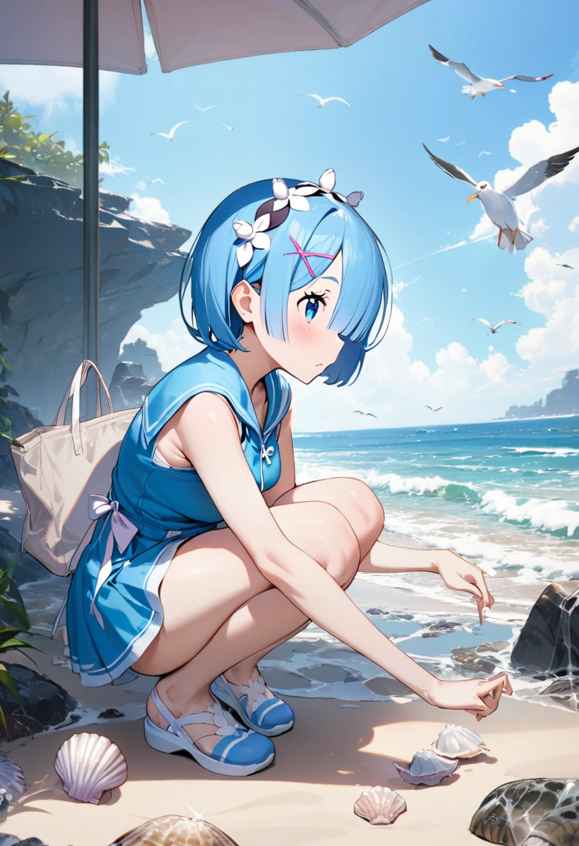 1girl, rem (re:zero), re:zero kara hajimeru isekai seikatsu, swimsuit, collecting seashells, beach bag full of shells, squatting pose, curious expression, tide pools nearby, seagulls in sky, strong midday sun, masterpiece, best quality, absrederes