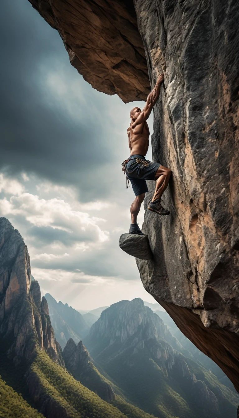 a man hanging from the tip of a pointy rock, extreme danger, intense focus, muscular physique, strained expression, rugged landscape, dramatic lighting, cinematic composition, high contrast, muted color palette, (best quality,4k,8k,highres,masterpiece:1.2),ultra-detailed,(realistic,photorealistic,photo-realistic:1.37),HDR,studio lighting,extreme detail description,professional