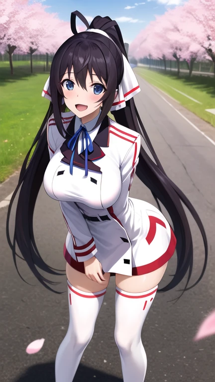 masterpiece, best quality, highres, aahouki, very long hair, black hair, high ponytail, split ponytail, hair ribbon, white ribbon, large breasts, , neck ribbon, white jacket, white dress, long sleeves, white thighhighs, arms behind back, standing, leaning forward, outdoors, cherry blossoms, smile, open mouth,