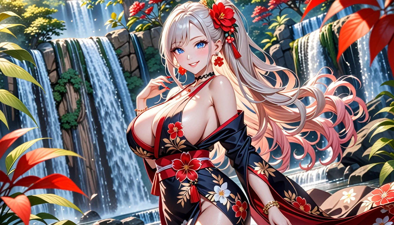 ultra-detailed, ((one girl)), ((portrait:1.5)), (pale skin:1.4), in pastel colors gyaru, (heavy makeup), (professional lighting) hyper detailed, absurdres, 8k, Beautiful Face, (Laugh shyly), ((teasing smile:1.3)), ((happy smile:1.3)), ((Wink:1.5)), (Laugh with your mouth wide open),((Tilt your face:1.6)), View your viewers, ((Bright red cheeks:1.6)),Glossy Red Lips, ((huge :1.6)), undress, noon, summer, Forest waterfall, ((Anime style background)),masterpiece, Highest quality, (Brighten your face), so beautiful,Latest, Complex details, (Pink long nails), (nail art), (ring),(bracelet), (Floral Choker),AI-generated, Complex,High resolution, Highest quality, super high quality,3D Images、3D Images,One person,(Snow White hair), (highlights hair,Milky White streaked hair)), Long Hair,(High Ponytail), (wavy hair:1.3), Anime woman in black kimono posing for a photo, ((Fine grain、blue eyes、glowing eyes:1.4)), (Squint your eyes:1.1),a hyperRealistic , hyperRealistic , Realistic, Smooth anime CG art, A girl in a gorgeous black kimono, (black furisode:1.2), Gold embroidery, (Red large floral pattern), (sideboob), Long flower hair ornament,Floral Earrings, Mature Body, tallw waist, front view, ((dutch angle:1.2)),