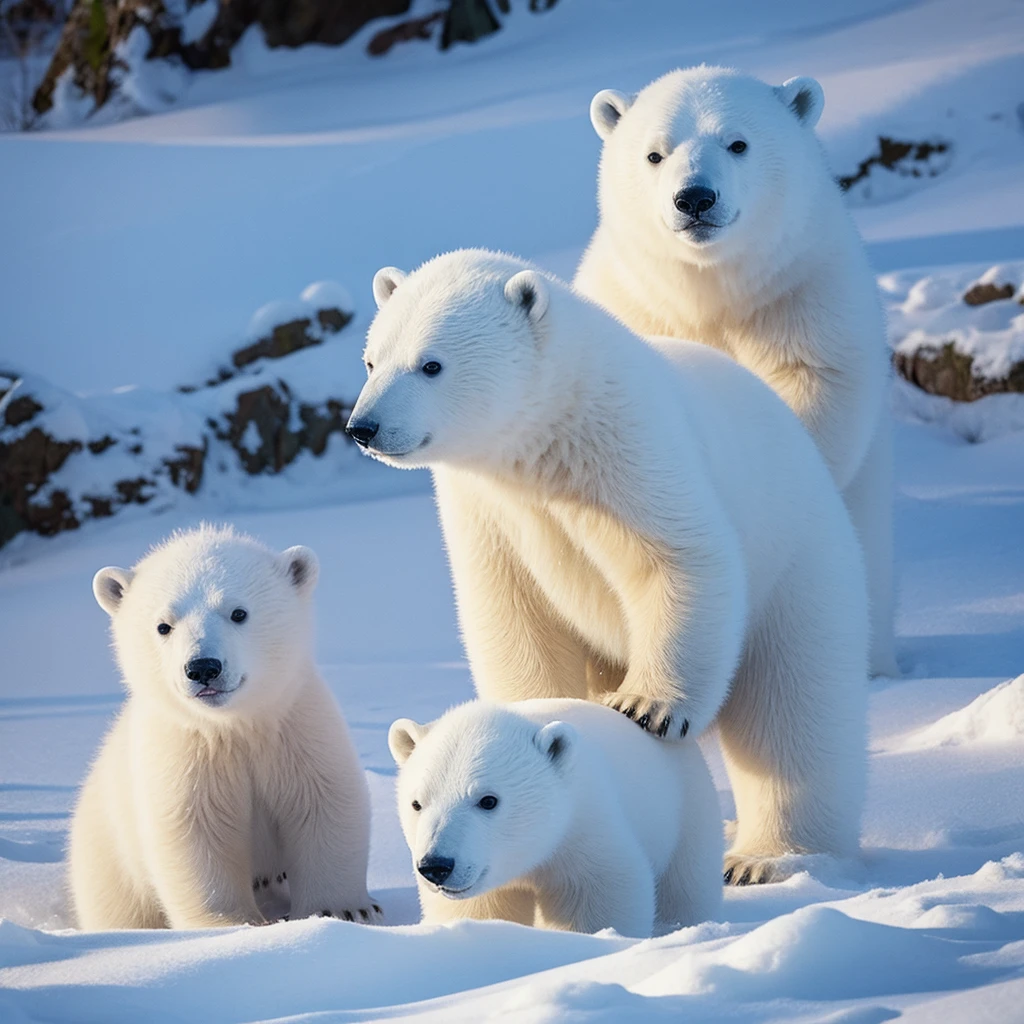 Small polar bear cubs snow scene