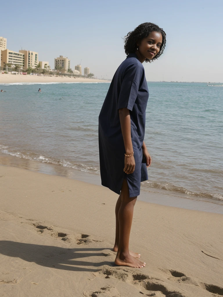 Zainab, 1girl, solo, ((Sudanese woman)), consistent face and body, ((MILF)), ((50 years old)), (mature), ((slim)), ((Sudanese face)), (Sudanese nose), (Sudanese lips), upper body and upper legs, (background: A beachfront destination in Dubai), BREAK, (wearing stylish Generation Z summer wear)