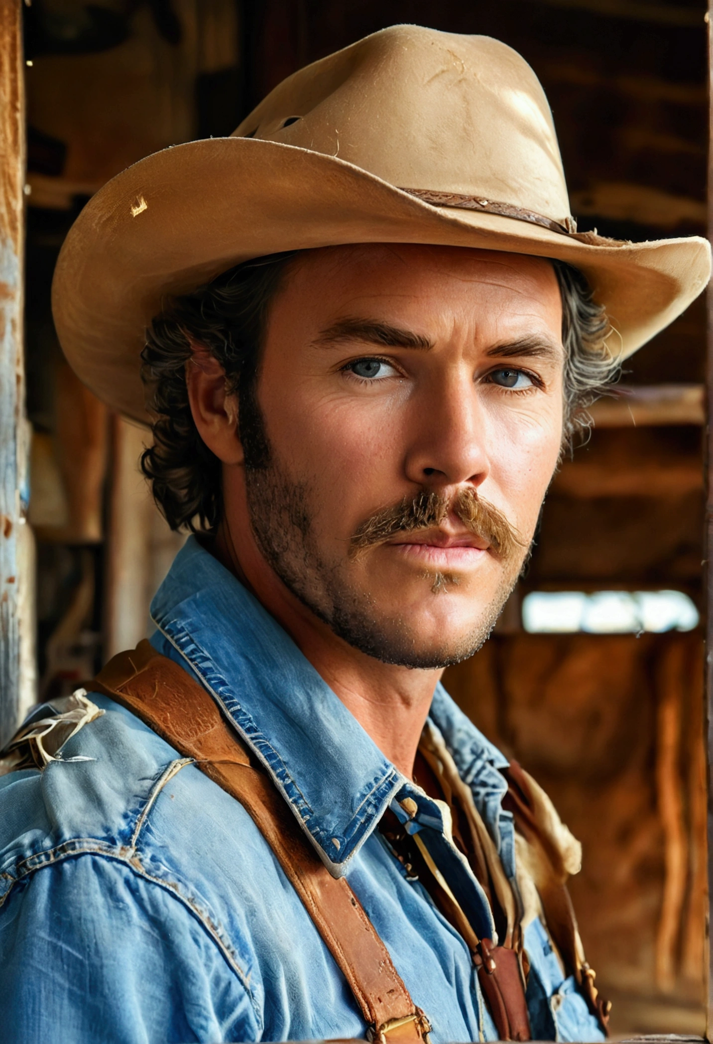 (best quality, highres, ultra-detailed, realistic:1.37), portraits, medium:oil painting, vivid colors, dramatic lighting, Western theme, dusty atmosphere, abandoned saloon, wooden buildings, a setting sun casting long shadows, aged and worn costumes, two rugged Gunslingers, detailed expressions on their faces, intense and focused eyes, weathered skin, characteristic facial hair, distinctive hats, leather holsters, gun belts, Old West revolvers, fingers hovering over the triggers, anticipation in the air, intense standoff, tense atmosphere, suspenseful moment, spectators anxiously watching, empty street, deserted town, a tumbleweed rolling by, Red Dead Redemption 2-inspired scenery, cinematic composition, dynamic angles, action-packed scene, wild wild west scene.