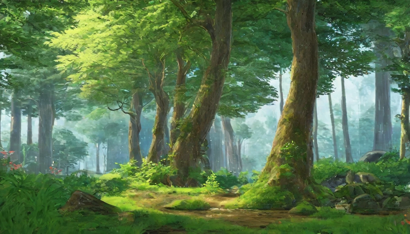 early summer,forest,heavy rain,Abundant nature,Ghibli style,Highest quality, 8k, High resolution, masterpiece:1.2, Very detailed, Realistic:1.37, High resolution, 超High resolution, Very detailed, Professional, Vibrant colors