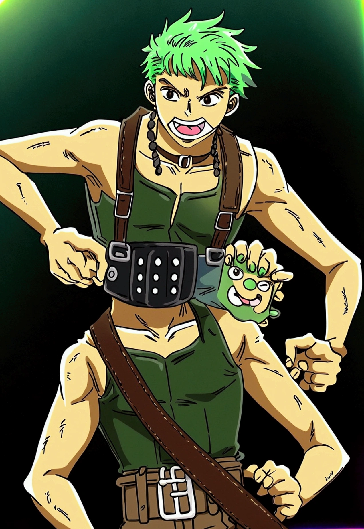A 17 year old male teenager with a green jelly skin, brown eyes and a blue, green hair, wearing a green shirt wearing brown straps, and black pants and a yellow bowtie.
