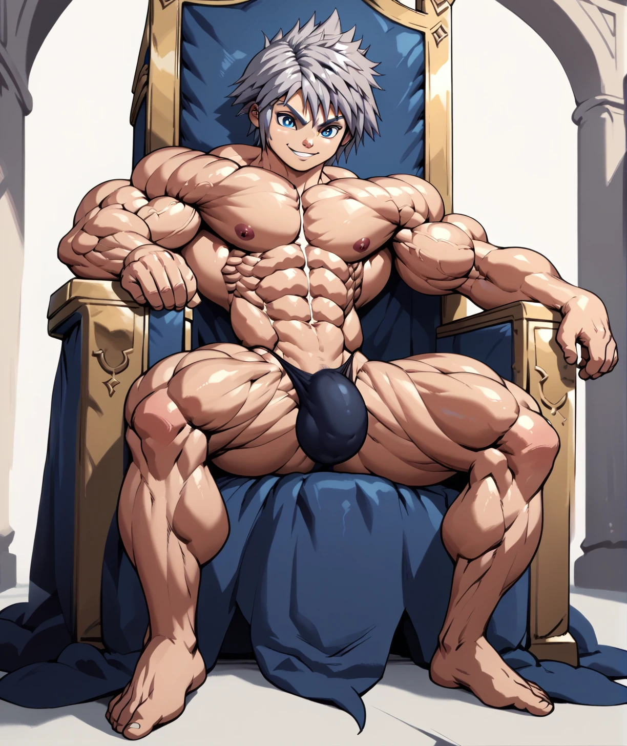  ????? , big bulge , huge bulge , black ????? ,alone, full body,smiling , muscular, huge muscle, big muscles, pectoral muscle , Boy , YOUNG  , YOUNG , riku , blue eyes, silver hair, pokkuti , sitting on a throne, royal throne, sitting , kingdom hearts